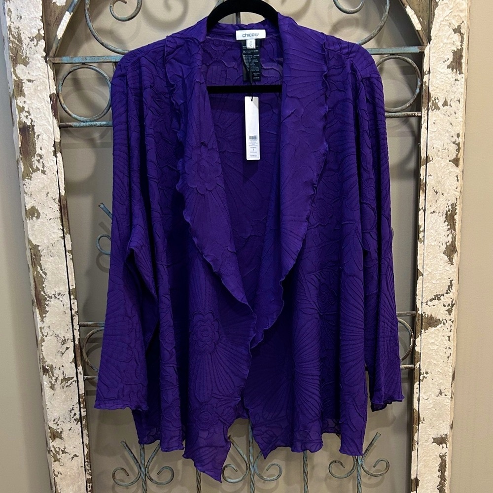 Chico's Travelers Midnight Orchid Flower Embossed Jacket Size 3 (XL) NWT